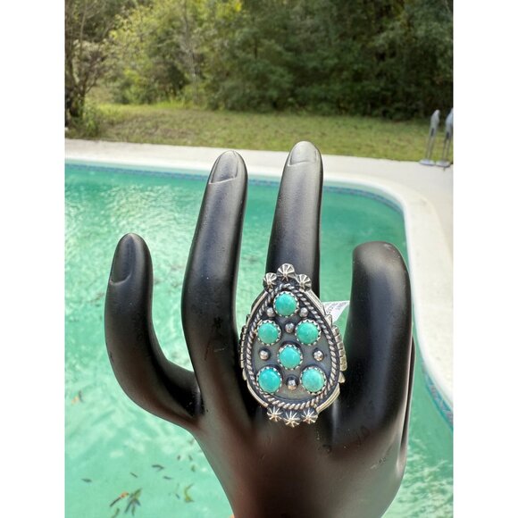 Navajo KL Sterling Silver Kingman Turquoise Cluster Statement Ring 7.5 signed - Picture 2 of 16